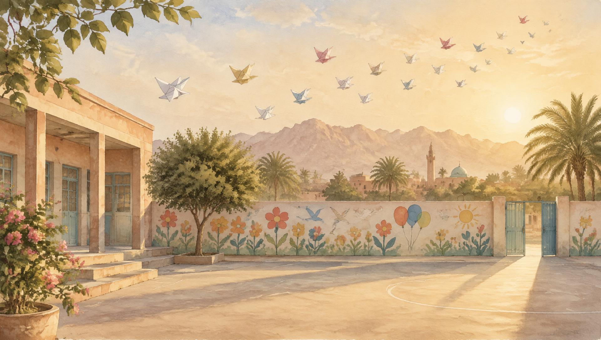 A watercolour of a sunlit school courtyard with painted flower murals and paper birds rising into the sky